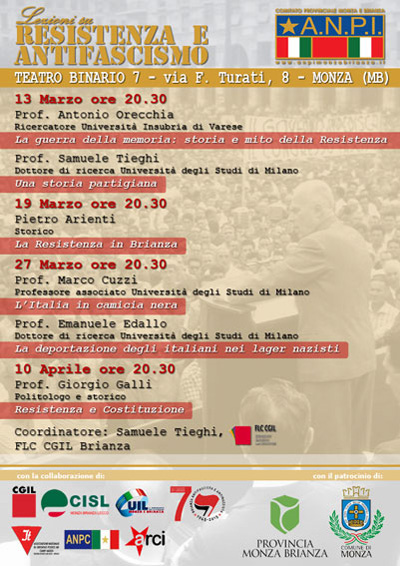 ANPI Monza Brianza - manifesto e flyer Lezioni su Resistenza e Antifascismo
